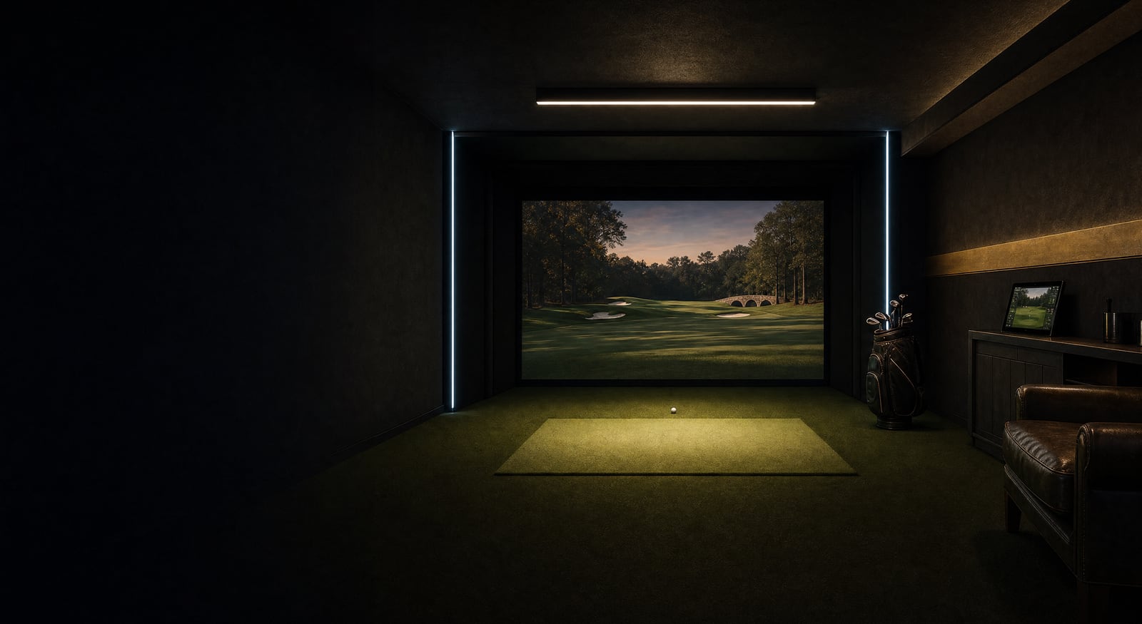 An empty Back Nine simulator bay at night, the fairway glowing on the screen