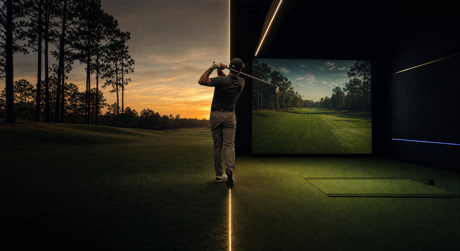 A golfer at the finish of a swing, real course on the left and a Back Nine simulator bay on the right, joined by a brass seam